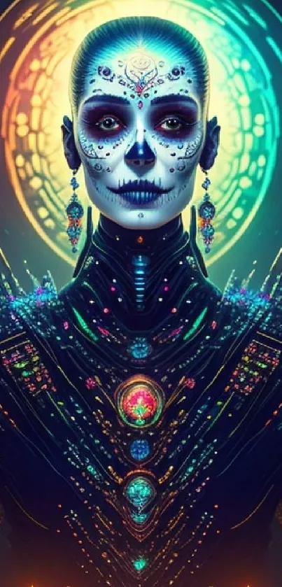 Futuristic skull art wallpaper with vibrant colors and intricate design.