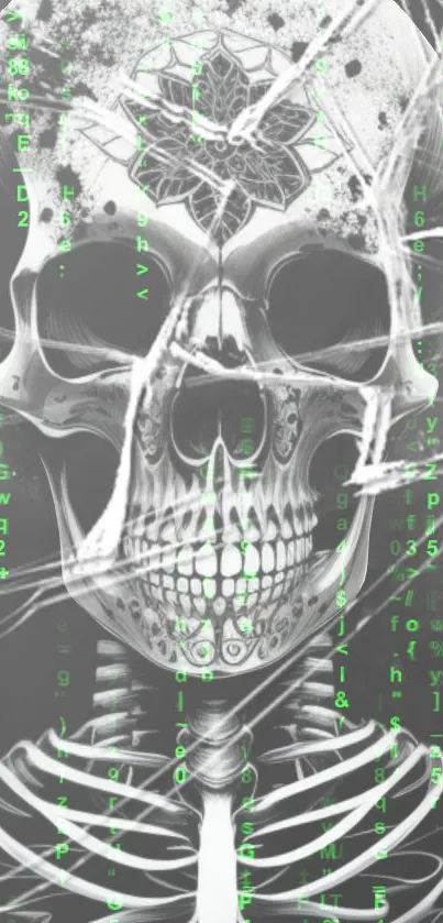 Futuristic skull wallpaper with green digital text overlay.