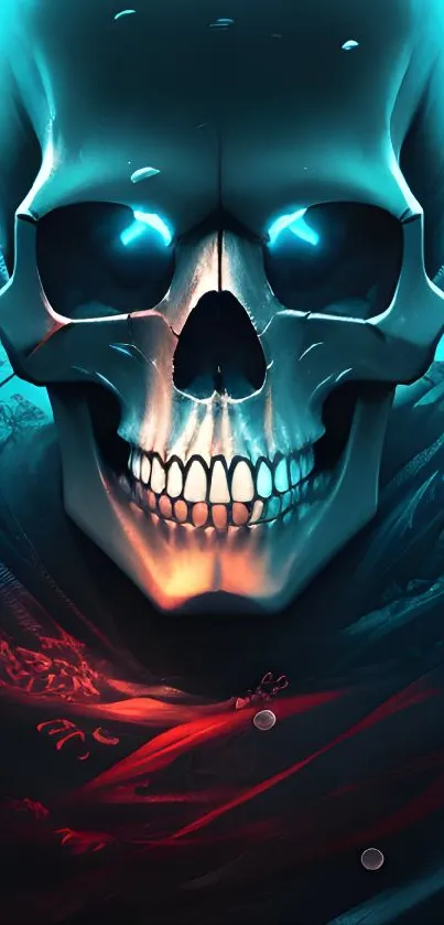 Futuristic skull art with vibrant cyan shades in a mobile wallpaper.