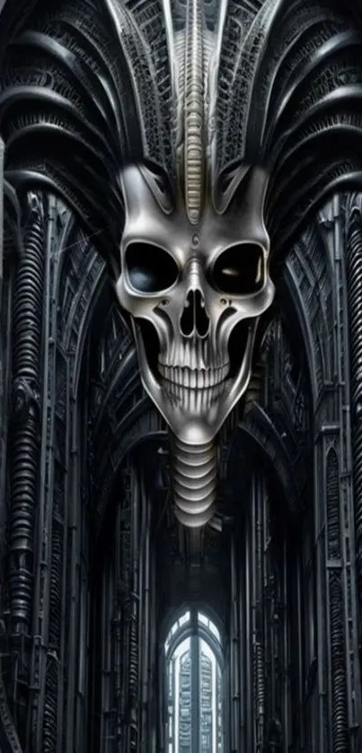 Futuristic metallic skull art in dark setting