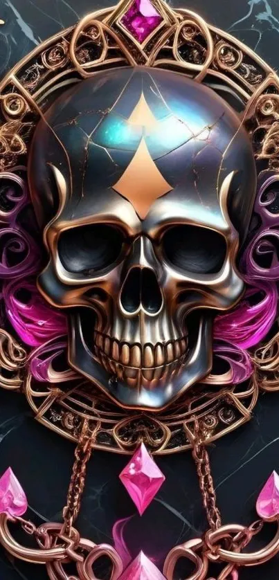 Metallic skull with pink accents in intricate design.