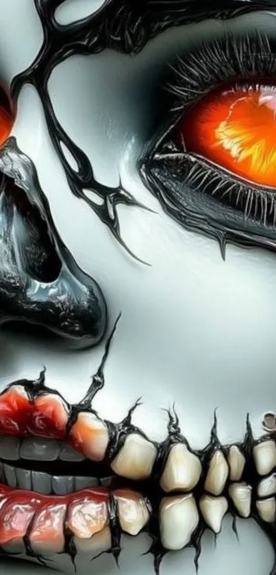 Futuristic skull art with vibrant orange eyes.