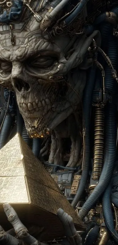Futuristic skull holding a golden pyramid in sci-fi artwork.
