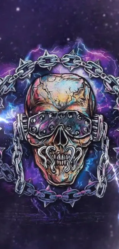 Futuristic skull with chains and lightning on a cosmic background.