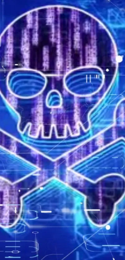 Digital skull with blue circuit background on mobile wallpaper.