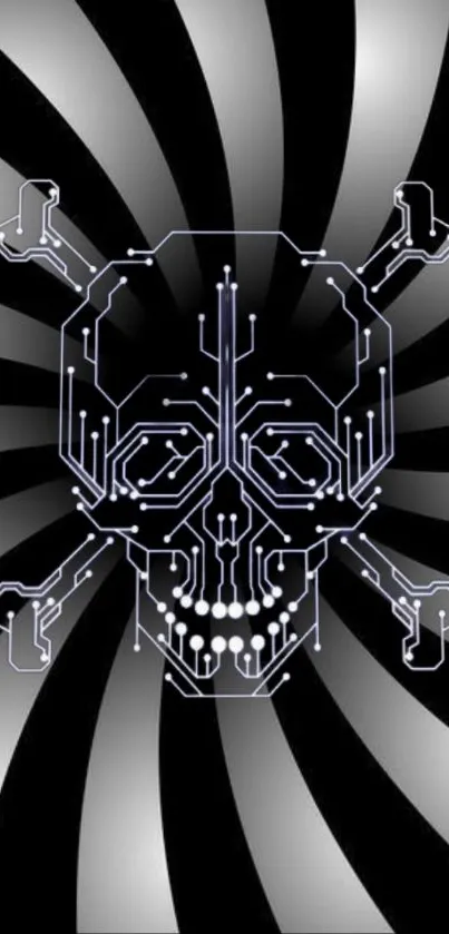 Futuristic skull with circuit design on a spiral background wallpaper.