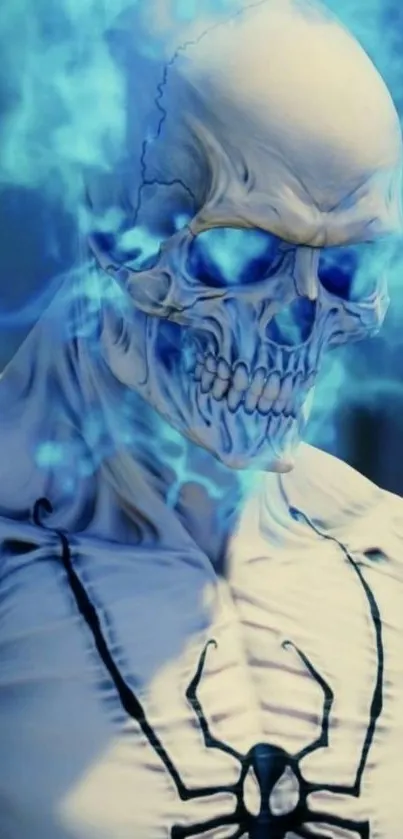 Dynamic futuristic skull with blue flames mobile wallpaper.