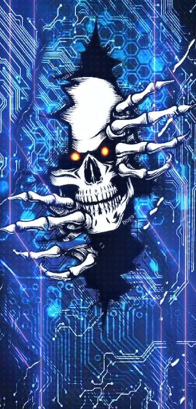 Futuristic skull with glowing eyes in digital art wallpaper.