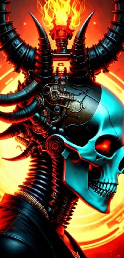 Futuristic skull with fiery horns and glowing background.