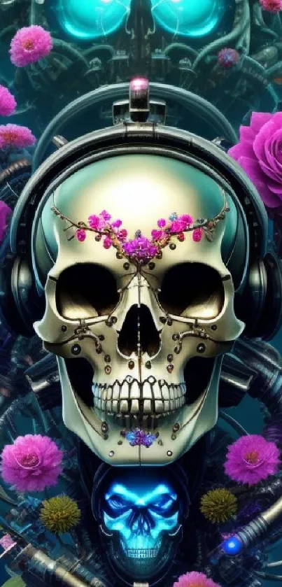 Futuristic skull with pink flowers wallpaper.