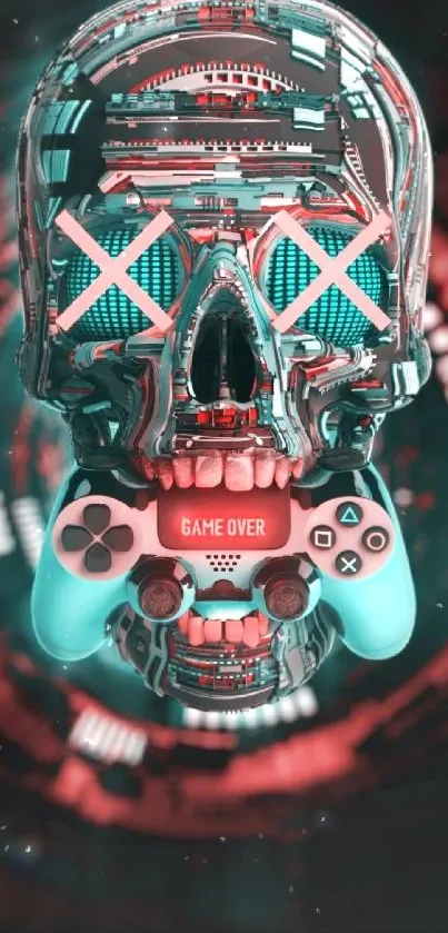 Futuristic neon skull with game controller in teal hues for mobile wallpaper.