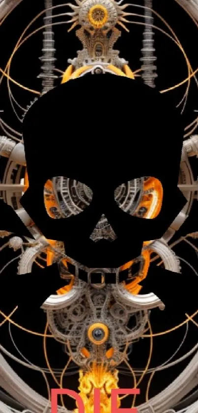 Futuristic skull with gears in a dark and orange themed mobile wallpaper.