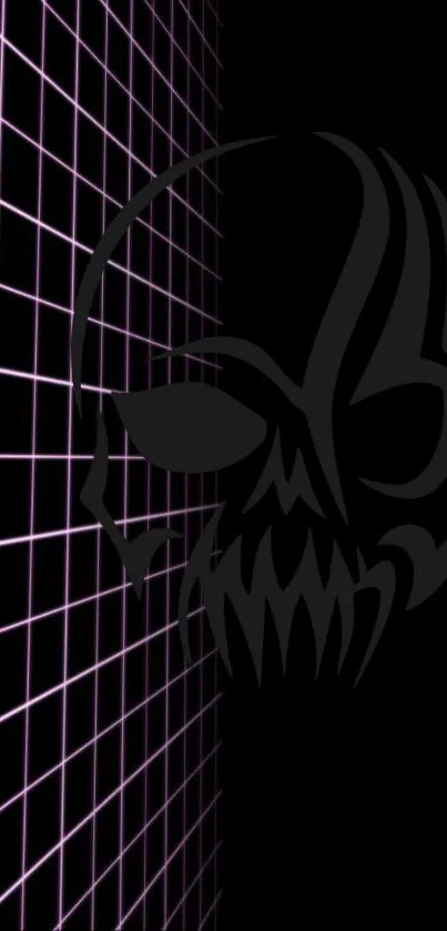 Futuristic skull on purple grid wallpaper.