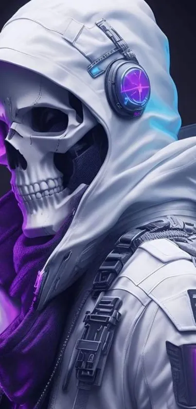 Futuristic skull in a hoodie with headphones and purple tones.