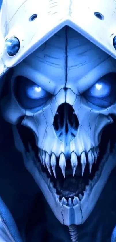 Futuristic blue skull with glowing eyes in a hood.