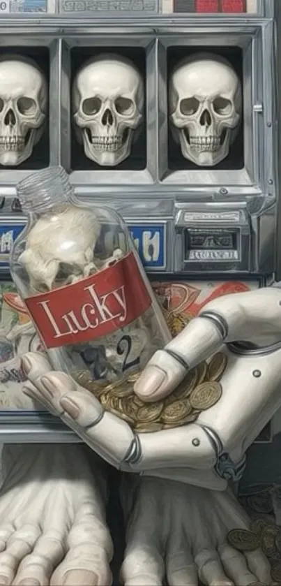 Robotic hand holding a skull-themed bottle with coins around.