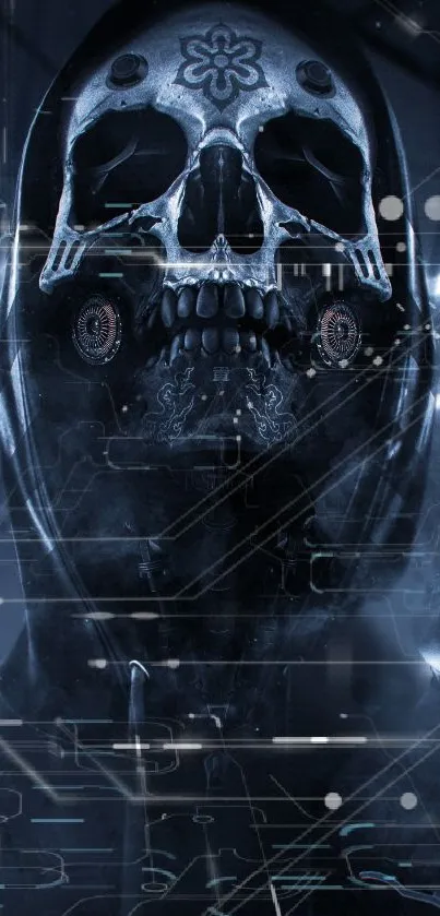 Futuristic skull design with digital elements on a mobile wallpaper.