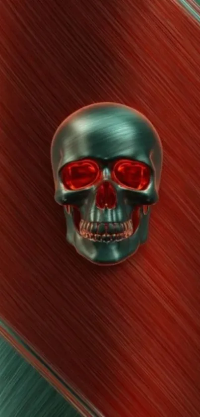 Futuristic metal skull on red textured background.