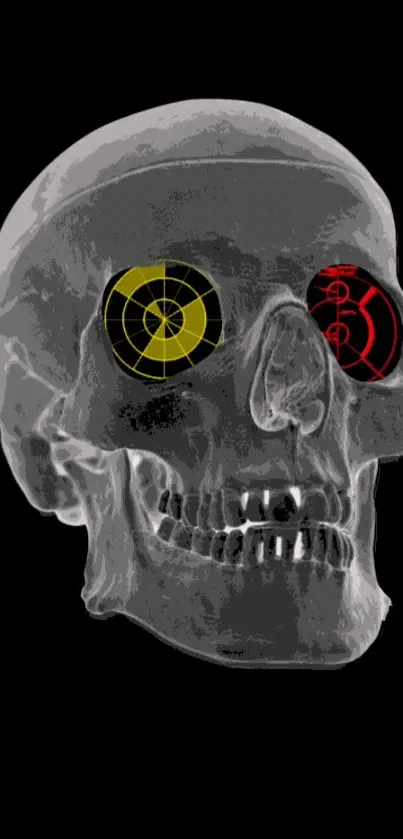 Futuristic skull wallpaper with colorful eyes, perfect for mobile devices.