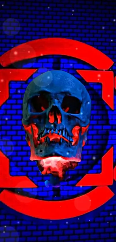 Blue skull on digital red and blue background with neon effects.