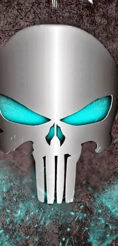 Futuristic silver skull wallpaper with teal highlights on a dark background.