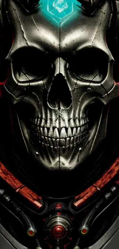 Intricate futuristic skull with glowing cyan symbol on dark background.
