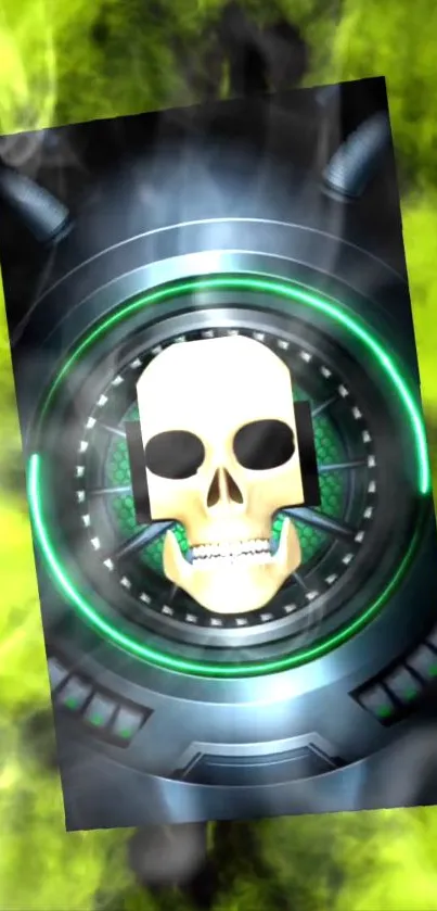 Futuristic skull with neon green accents in dynamic wallpaper.