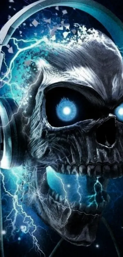 Futuristic skull with headphones in electric blue tones.