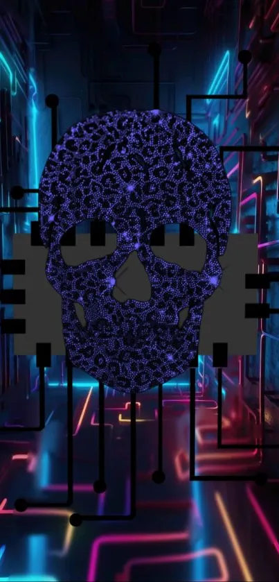 Futuristic digital skull with blue neon lights.