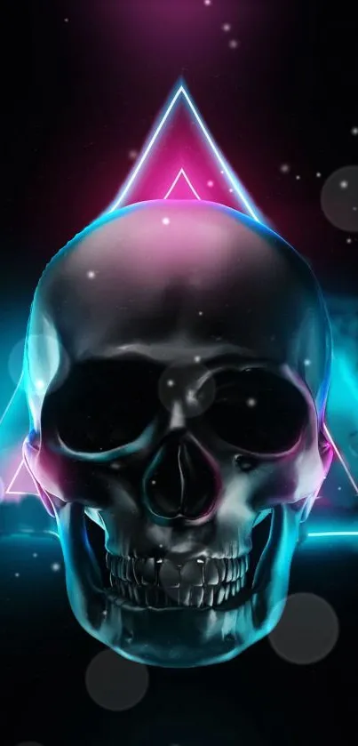 Futuristic neon skull with triangle in cosmic background.