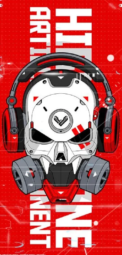 Futuristic skull with headphones on red background.