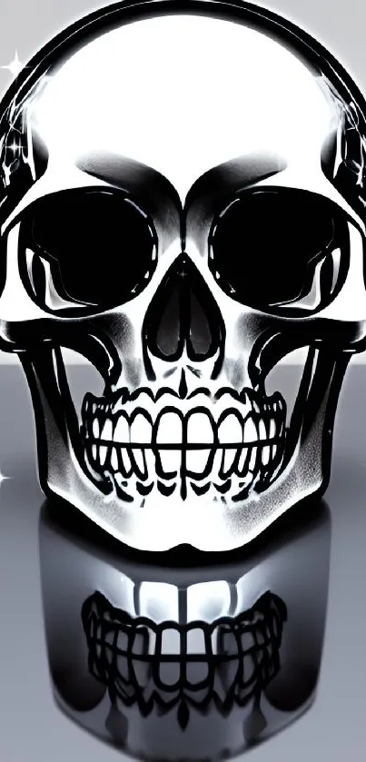 Futuristic metallic skull with reflection on phone wallpaper.