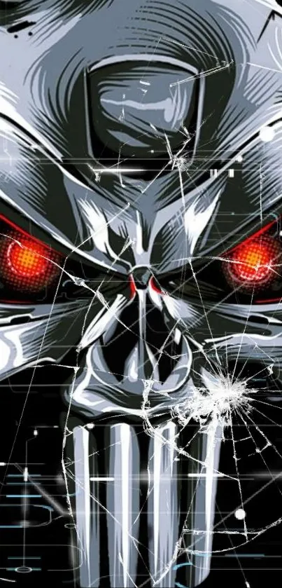 Futuristic skull wallpaper with red eyes and cracked glass effect.