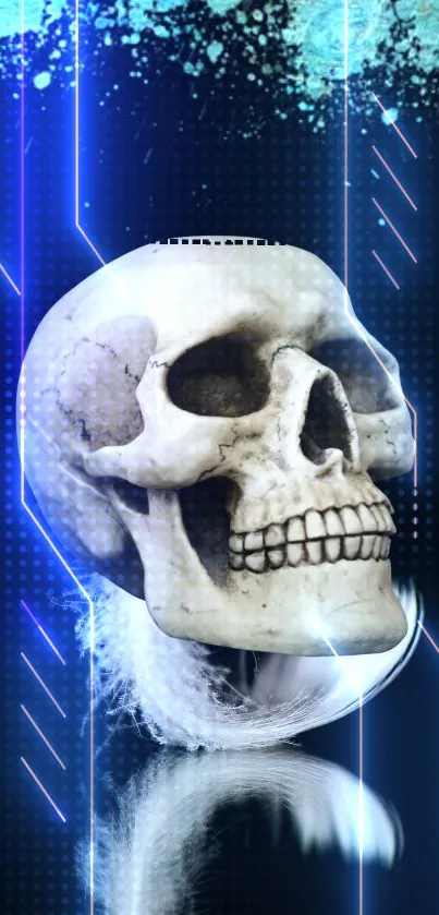 Futuristic skull with blue neon design, perfect for phone wallpaper.