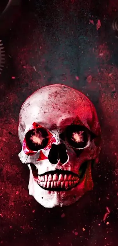 Futuristic skull on red background with gears.