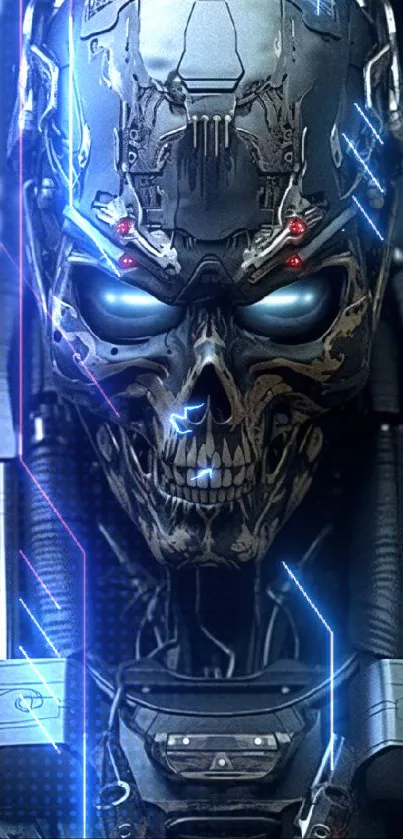 Futuristic skull robot with glowing eyes in dark shades.