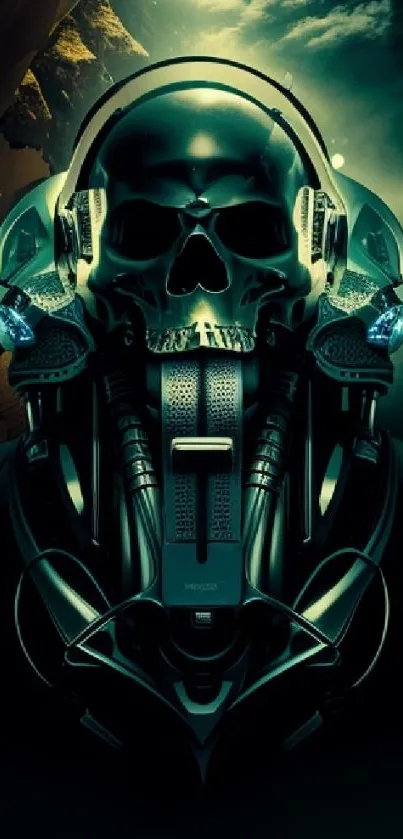 Futuristic skull artwork with tech elements and teal tones.