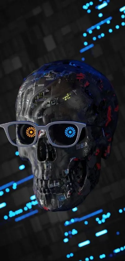 Futuristic skull with neon and digital elements in dark themed wallpaper.