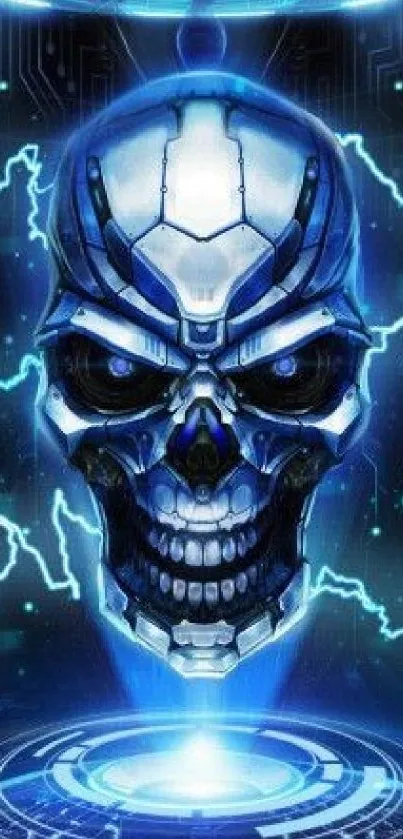 Futuristic robotic skull with electric blue neon lighting.