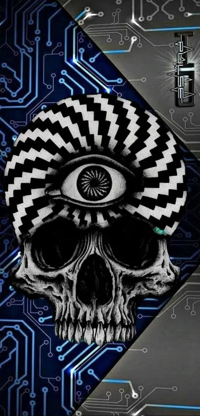 Futuristic skull with an eye on a digital circuit background wallpaper.