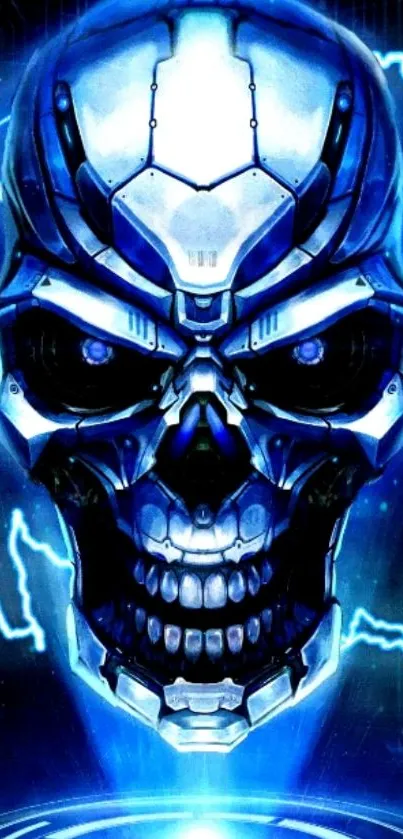 Futuristic robotic skull with electric blue highlights on dark background wallpaper.