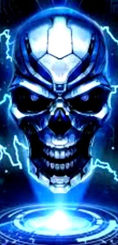 Futuristic skull wallpaper with neon blue lightning.