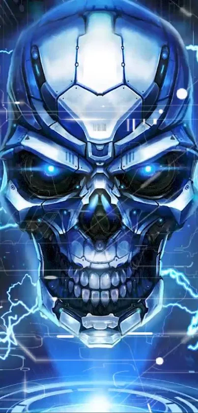 Futuristic skull wallpaper with glowing blue and cybernetic elements.