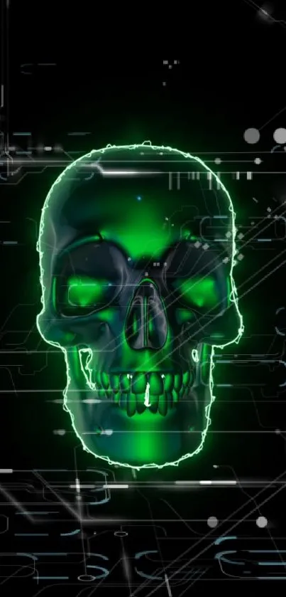 Futuristic green neon skull on black digital background.