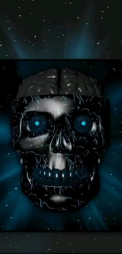 Futuristic skull with glowing blue eyes on a cosmic background.