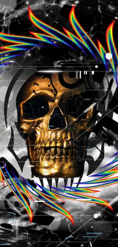 Golden skull with vibrant colors on dark background wallpaper.