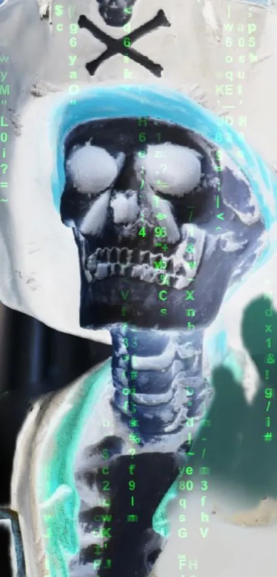 Futuristic skull with neon cyan glow and digital text elements.