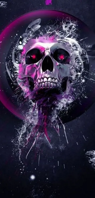 Futuristic skull with cosmic elements in dark purple hues.