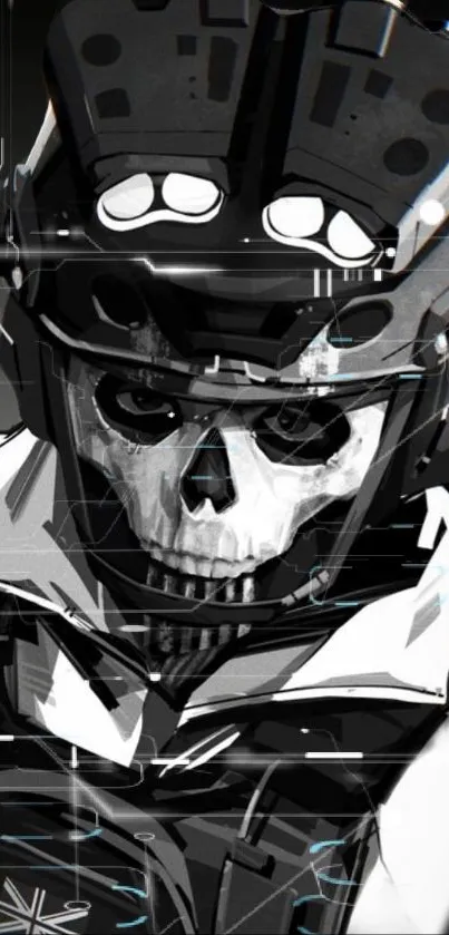 Futuristic skull-faced warrior in monochrome tones.