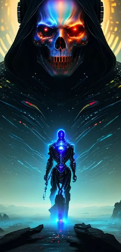 Futuristic art with a glowing skull and robotic warrior in a digital landscape.